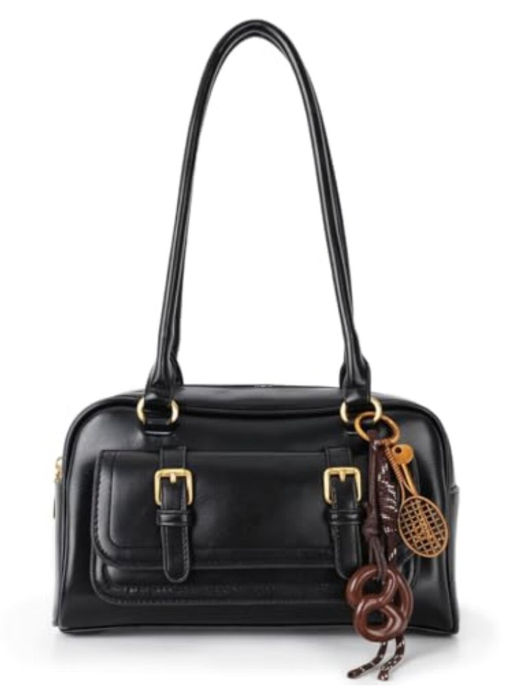 Vintage Y2K PU Leather Bowler Shoulder Bag Women Cute Hobo Purse with Pendant